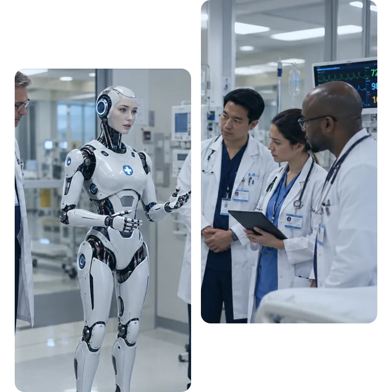 Een humanoïde robot met een medisch kruis overlegt met artsen in een ziekenhuis, als beeld voor een check-up van een AI-agent