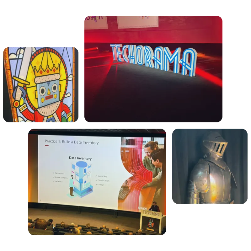 Sfeerbeelden van Techorama 2026: het verlichte Techorama-logo, een ridderharnas, een glas-in-loodrobot en een volle zaal tijdens een sessie