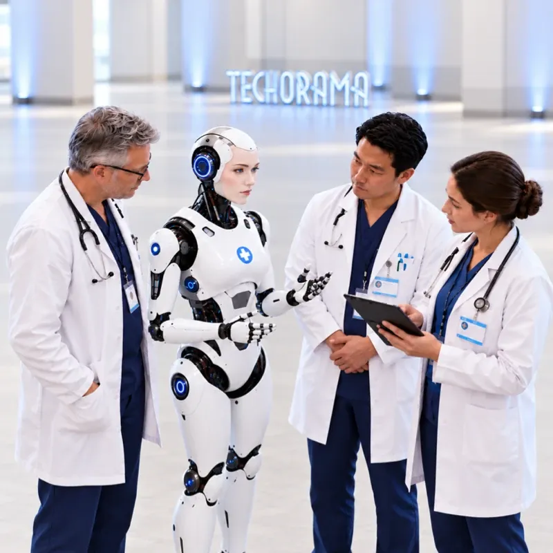 Drie artsen in witte jassen overleggen met een humanoïde robot in de hal van Techorama