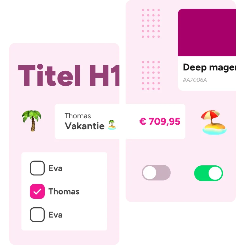 Overzicht van UI-elementen zoals knoppen, kleuren en iconen in een interface