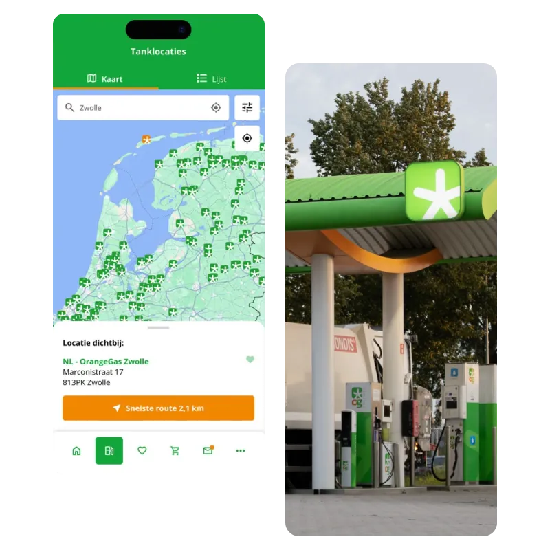 OG Clean Fuels App, kaartweergave met tanklocaties en een tankstation