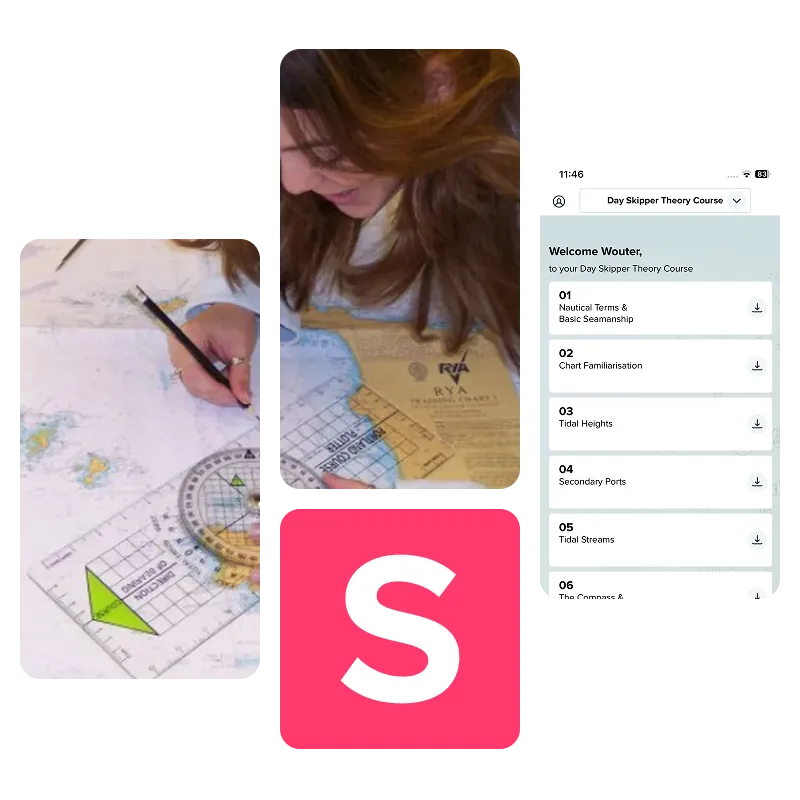 Skippers Online Sailing app, collage van cursusmateriaal en de app met cursusonderdelen