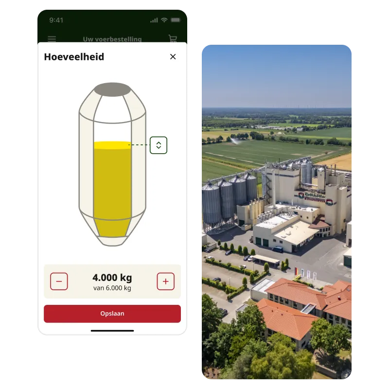 Rothkötter voerbestel-app: hoeveelheid instellen, met luchtfoto van de fabriek