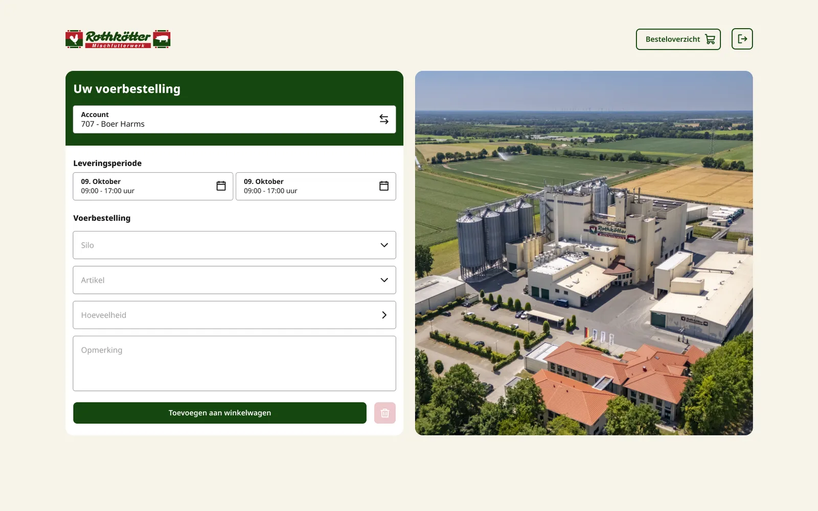 Rothkötter voorbestel-webapp met bestelformulier en luchtfoto van de fabriek