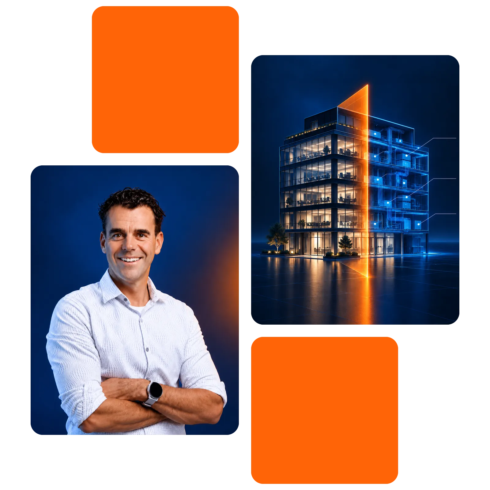 Wouter Slotegraaf van Freed met de armen over elkaar, naast een kantoorpand dat half als oplichtende digitale bouwtekening is getekend, tussen twee oranje vlakken